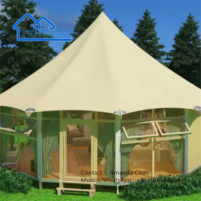 Custom Camping Outdoor Canvas Glass Wall Lodge Polygon Tent Dengan Kamar Mandi