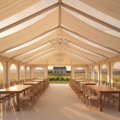 Luxury Vineyard Wedding Marquee Tent Frame Aluminium Ivory Liner Chandelier French Chateau Tempat Resepsi