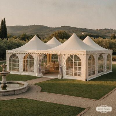 Pesta taman yang elegan Tenda Marquee Frame Aluminium Cream Ivory Canopy Jendela Panorama Villa Italia Resepsi luar ruangan
