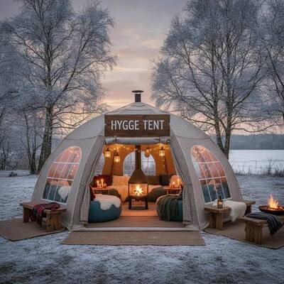 Tenda Tenda Pesta Acara Nyaman Hygge Denmark Desain Suasana Hangat Terisolasi untuk Pertemuan Sosial Luar Ruangan Denmark